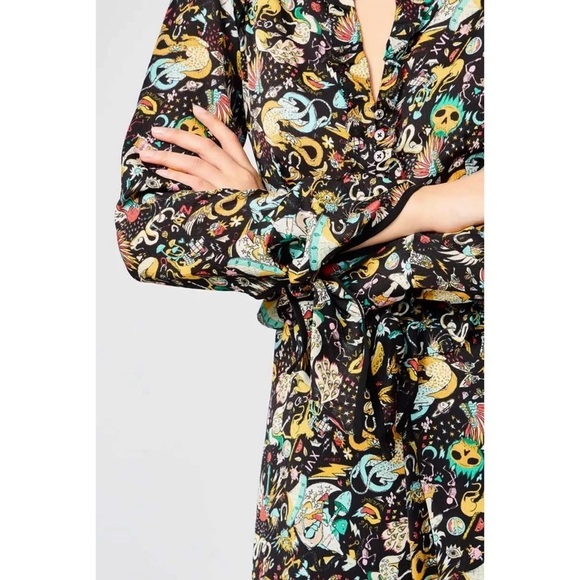 NEW ZADIG VOLTAIRE Circus Print Long Sleeve Tie Cuff Ruffled Button Up Dress XS - Picture 14 of 16
